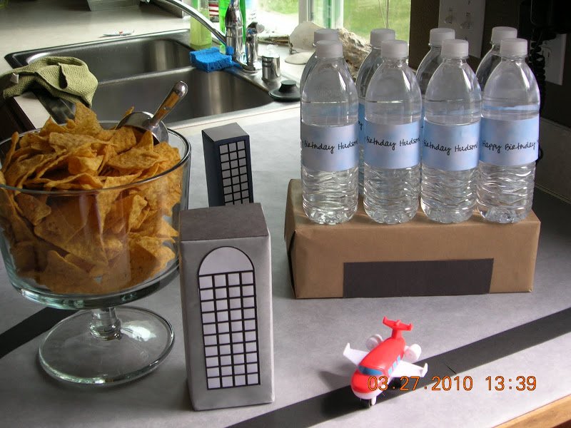 airplane party lunch counter water bottles