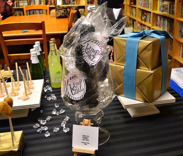 Christmas gift wrapping party Rice Krispy coal