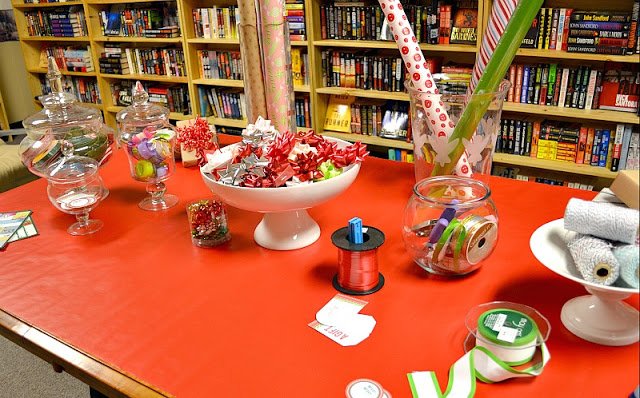 Christmas gift wrapping party table