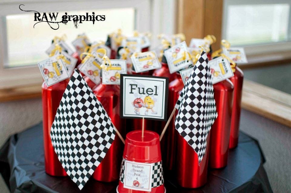 M&M racecar party favor water bottles