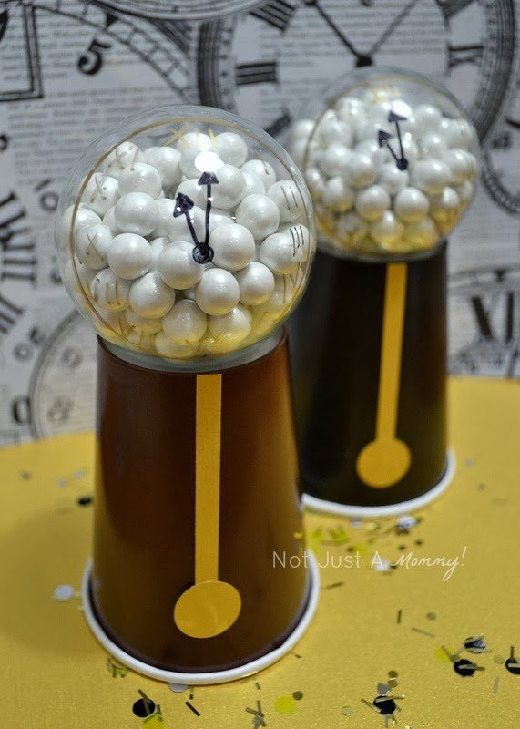 New Year's Eve party grandfather clock favors with Sixlets
