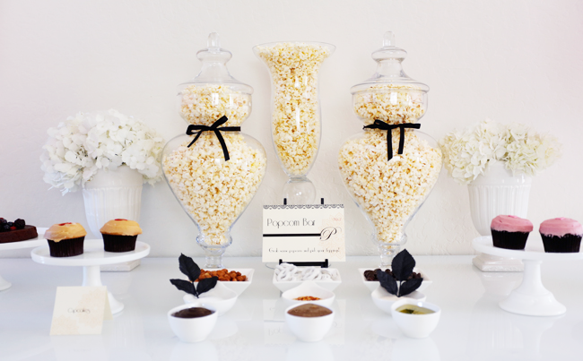 Popcorn Bar ideas for an Oscars/Academy Awards viewing party; use apothecary jars