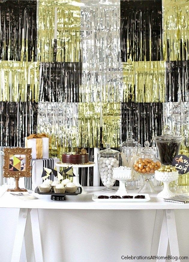 Quick And Stylish Oscars Viewing Party Decorating Ideas; tinsel backdrop