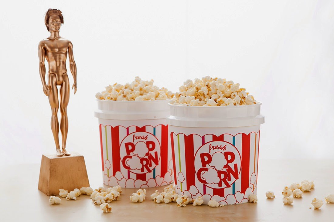 Popcorn Bar ideas for an Oscars/Academy Awards viewing party; bucket wrap