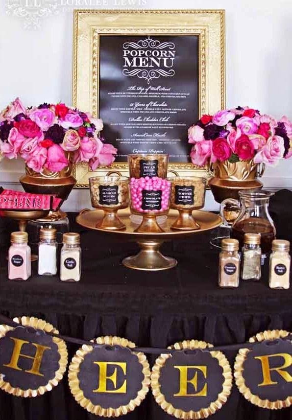 Popcorn Bar ideas for an Oscars/Academy Awards viewing party; decorative sugar shakers