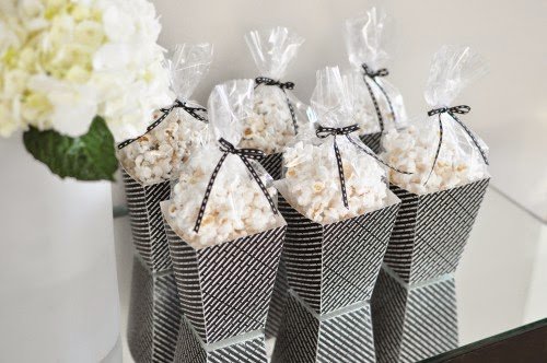 Popcorn Bar ideas for an Oscars/Academy Awards viewing party; bagged popcorn in boxes