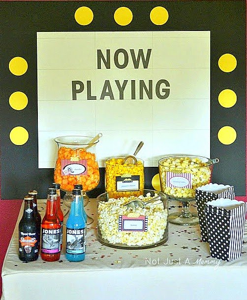 Popcorn Bar ideas for an Oscars viewing party; marquee backdrop