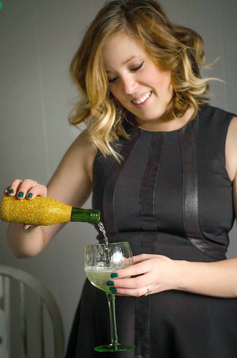 St. Patrick's Day Blogger Party - Glittered Mini Champagne Bottles and glass