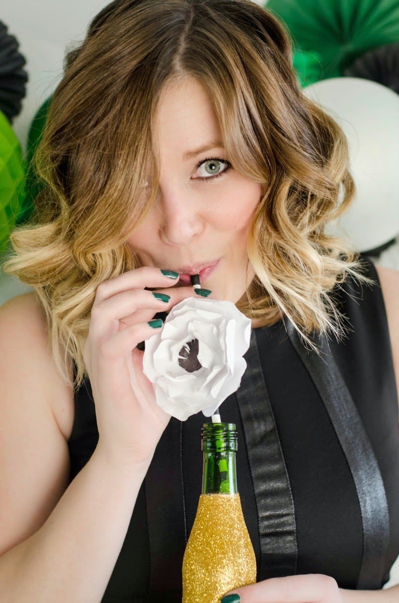St. Patrick's Day Blogger Party - Glittered Mini Champagne Bottles with pretty paper straw