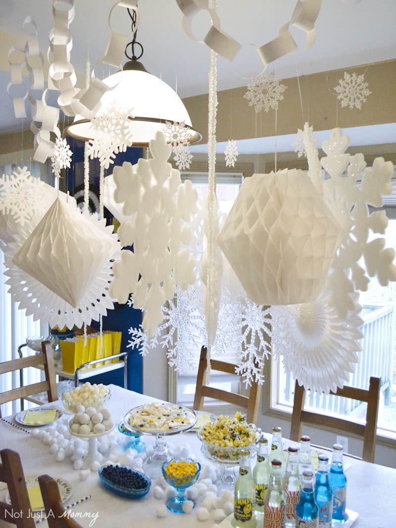 A Minions Winter Yeti-land Movie Watching Party needs lots of snowflakes and white decorations