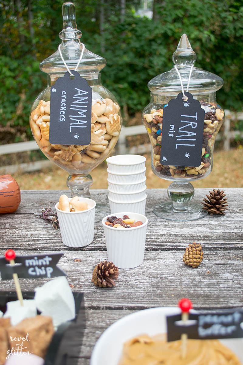 Camp Out Dessert table;; trail mix