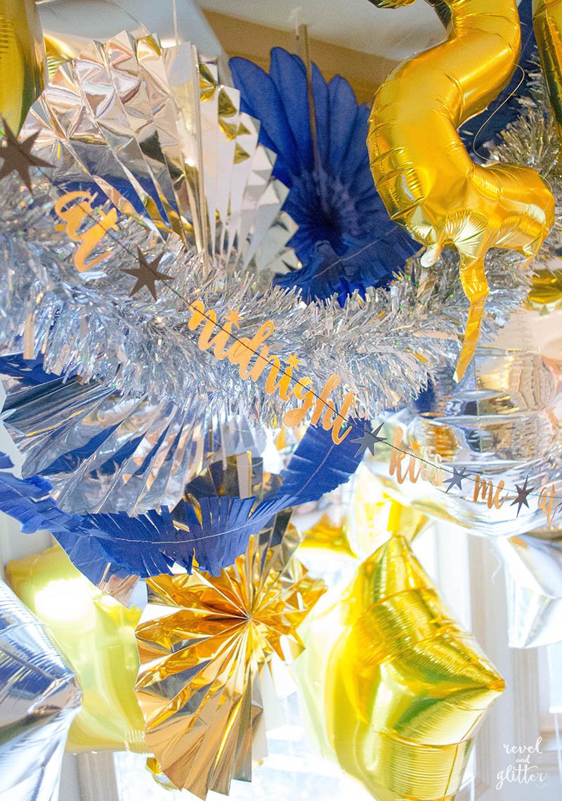 Navy, gold and silver New Year's Eve party; balloon backdrop