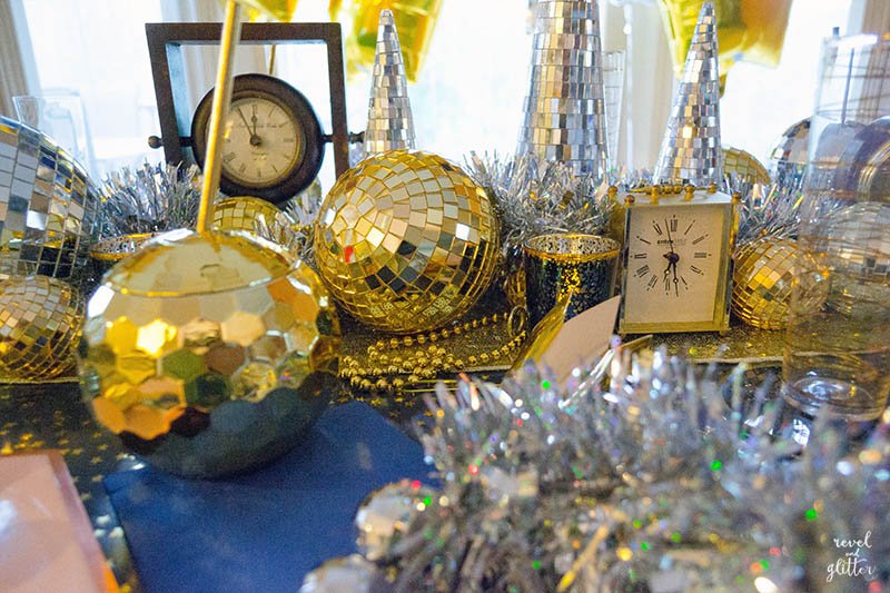 Navy, gold and silver New Year's Eve party; centerpiece closeup 