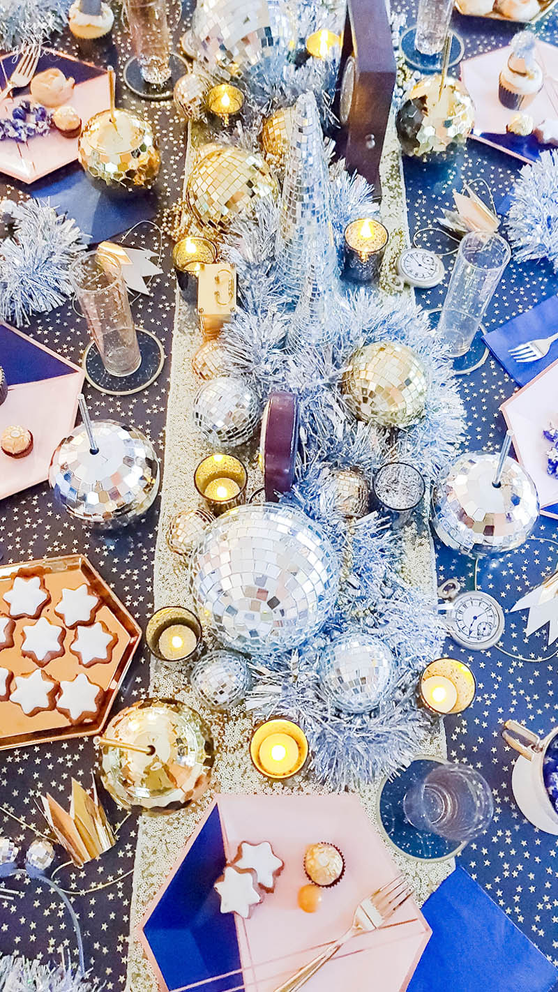 Navy, gold and silver New Year's Eve party; table top
