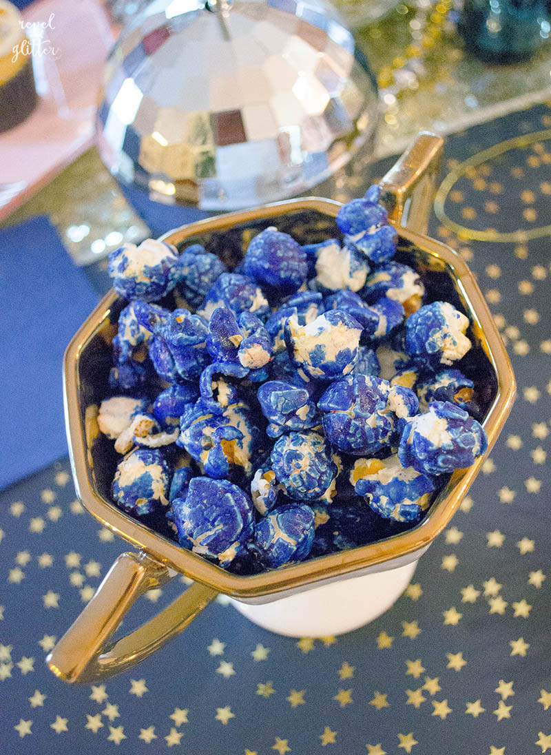 Navy, gold and silver New Year's Eve party; blue popcorn