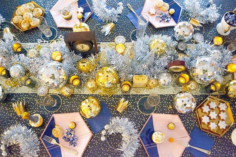 Navy, gold and silver New Year's Eve party; top of table