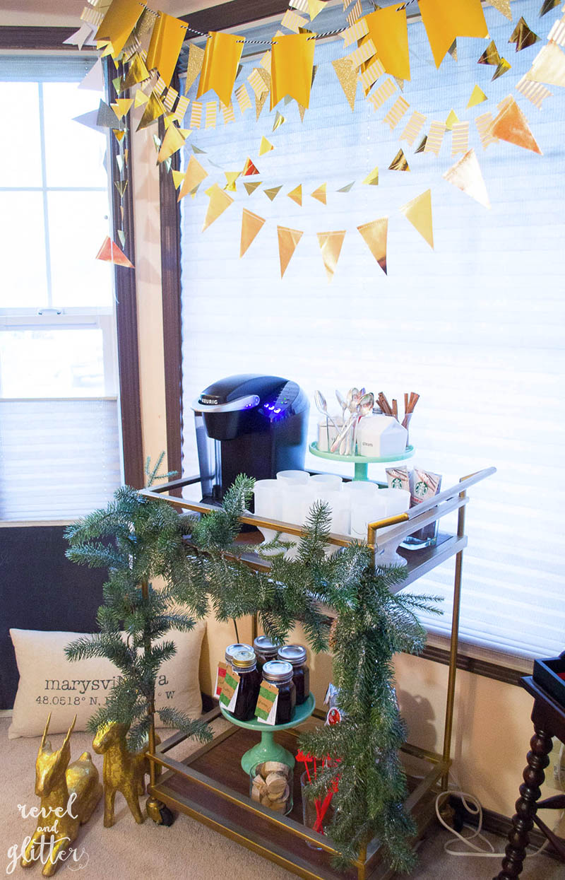 How to host a holiday gift wrapping brunch; coffee bar area