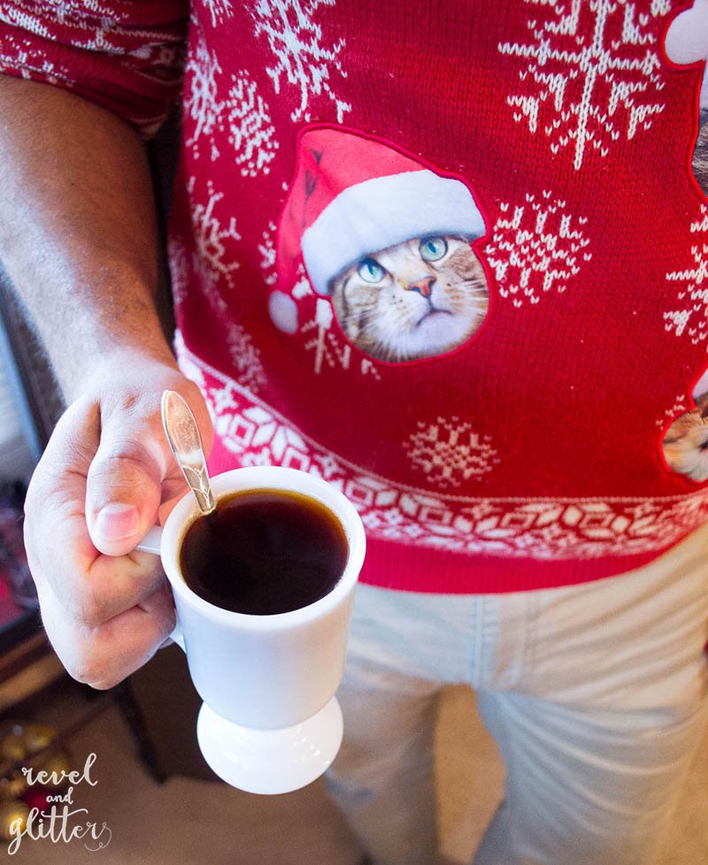 How to host a holiday gift wrapping brunch; sweater and coffee