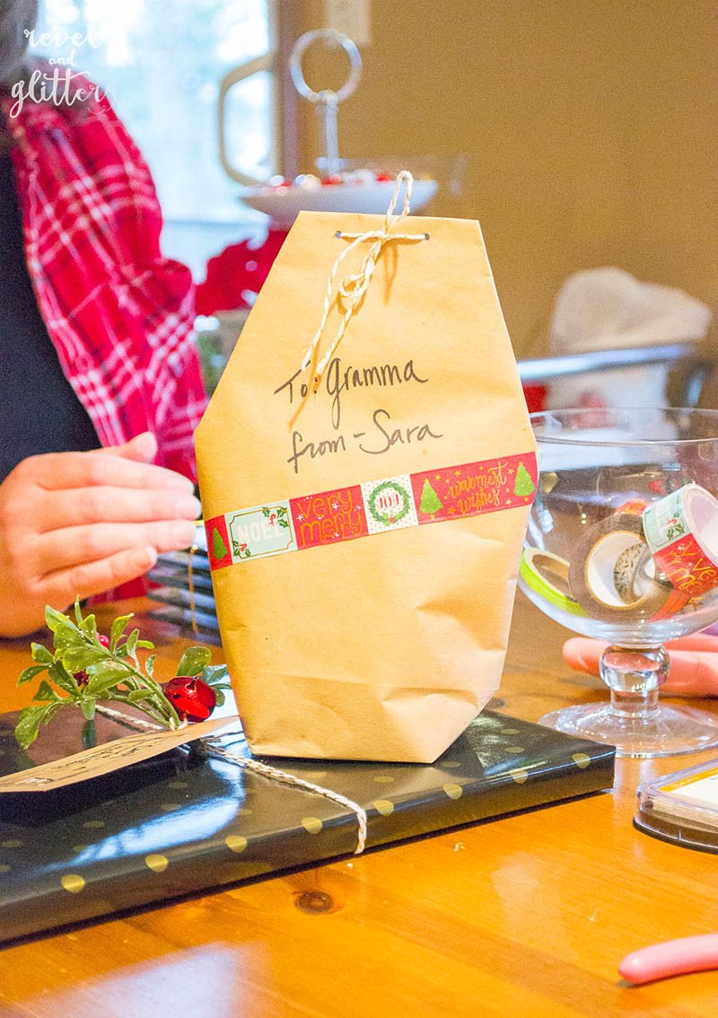 How to host a holiday gift wrapping brunch; gift bag
