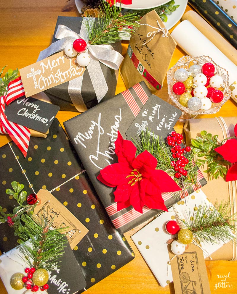 How to host a holiday gift wrapping brunch; finished gifts