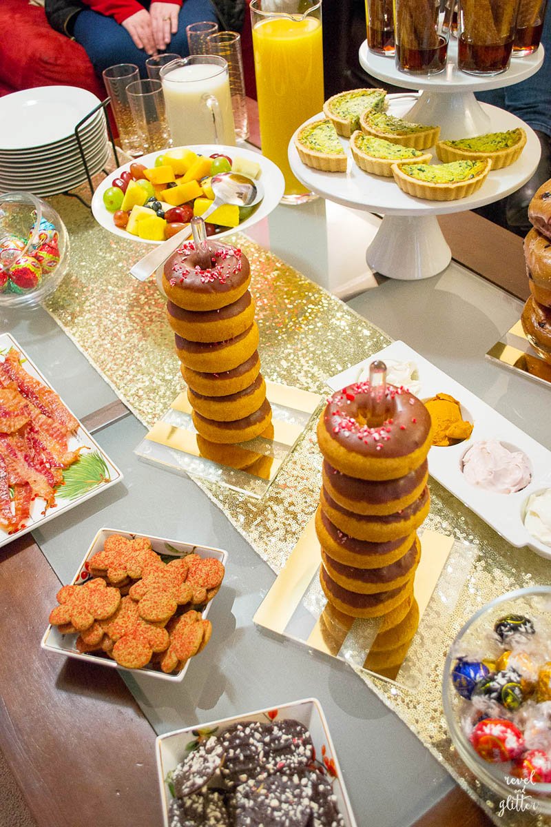 How to host a holiday gift wrapping brunch; doughnut stands