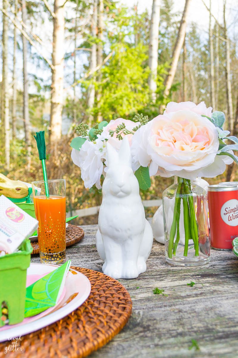 An outdoor Easter Table; tall bunny