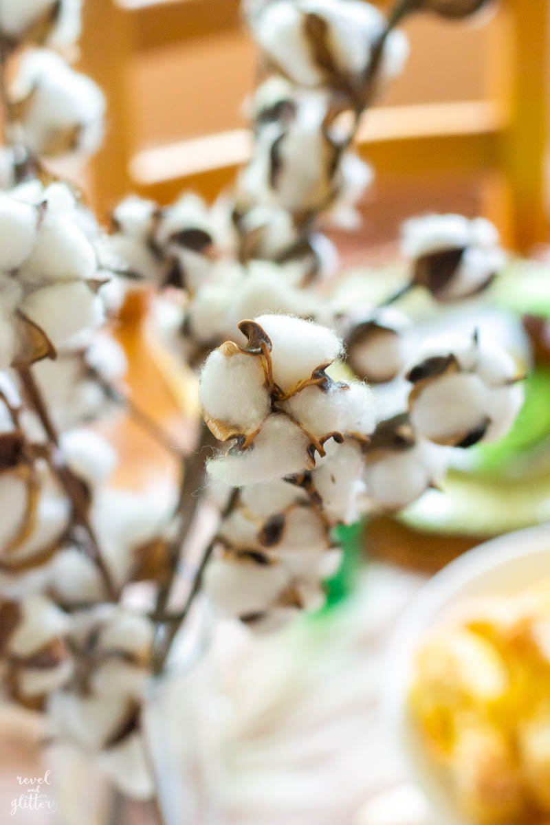 Easter Brunch table; cotton branch centerpiece