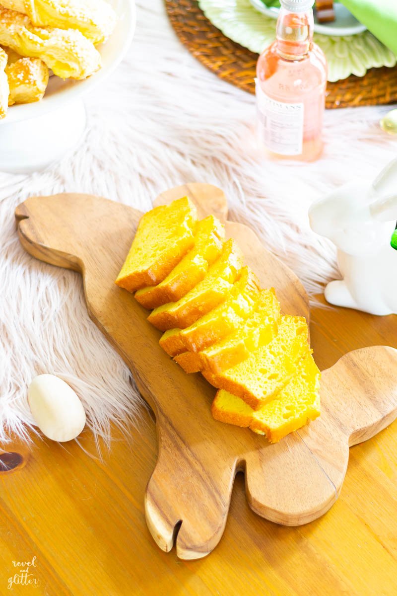 Easter Brunch table; lemon pound cake slices