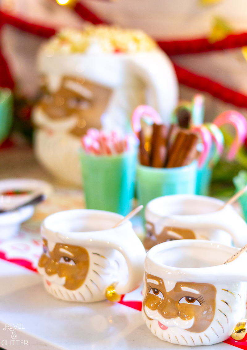 Create an Easy Christmas Movie Watch Party - black Santa mugs and pitcher