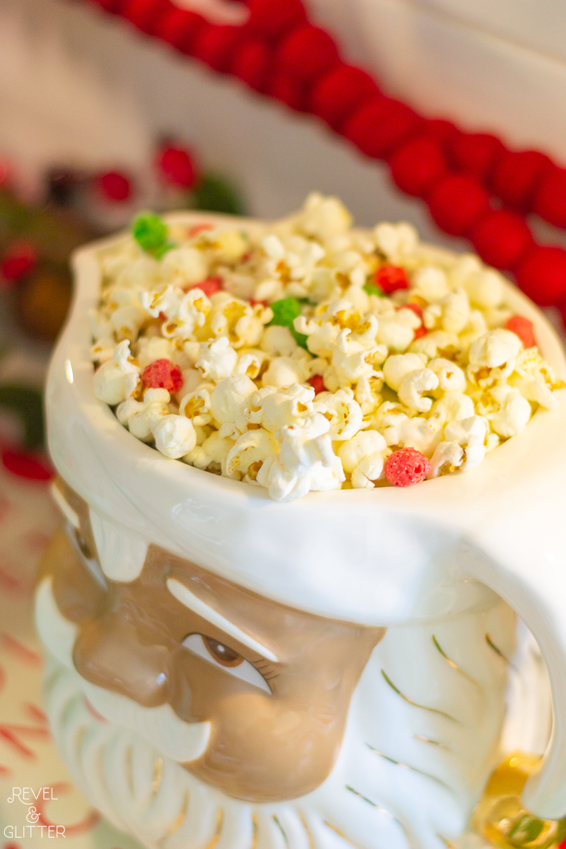 Create an Easy Christmas Movie Watch Party - pitcher of holiday popcorn