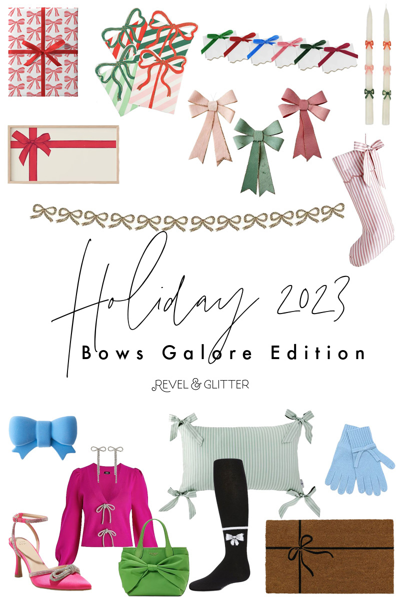 Holiday 2023 Shopping Guides - bows edition; collage of products with a bow detail 